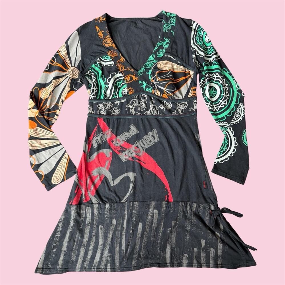 Y2K euro Keguay black & multi-colored long sleeve dress with drop waist and tie